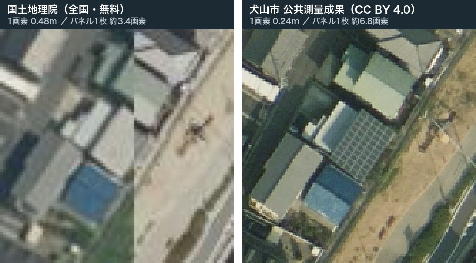 同じ家を地理院タイル0.48mと自治体オープンデータ0.24mで並べた比較